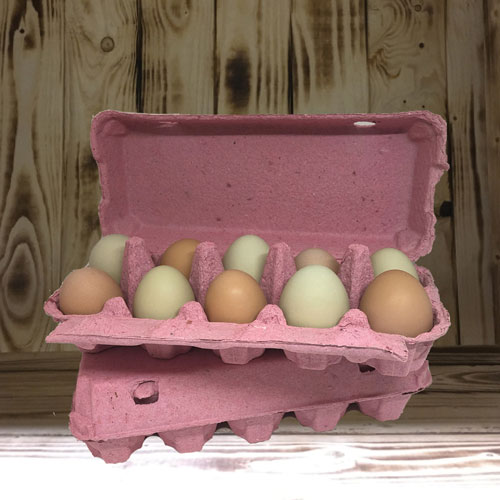 Blå, grøn og pink æggebakker til 10 æg
